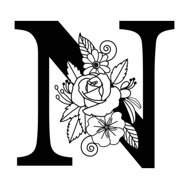 Kişisel Çiçek Alfabesi N Logosu İllüstrasyonu, Botanik Siyah ve Beyaz Harf Monogramı