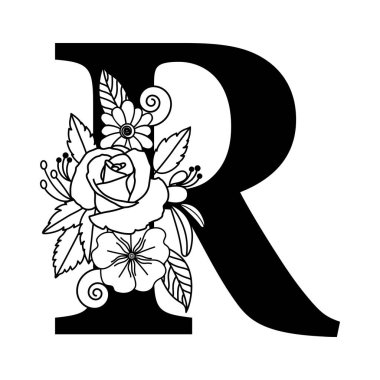 Dekoratif Çiçek Harfi R Monogram, Siyah ve Beyaz Alfabe Logo Vektörü, Tipografi Ailesi İşareti