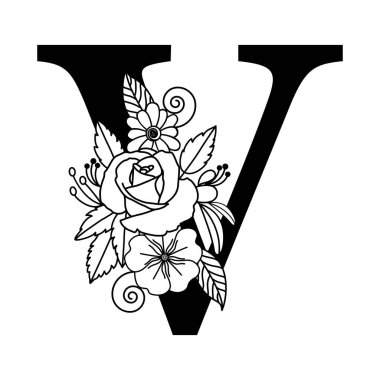 Zarif Çiçek Harfi V Monogram, Botanik Alfabe Logosu İllüstrasyonu, Tipografi Aile İşaretleri