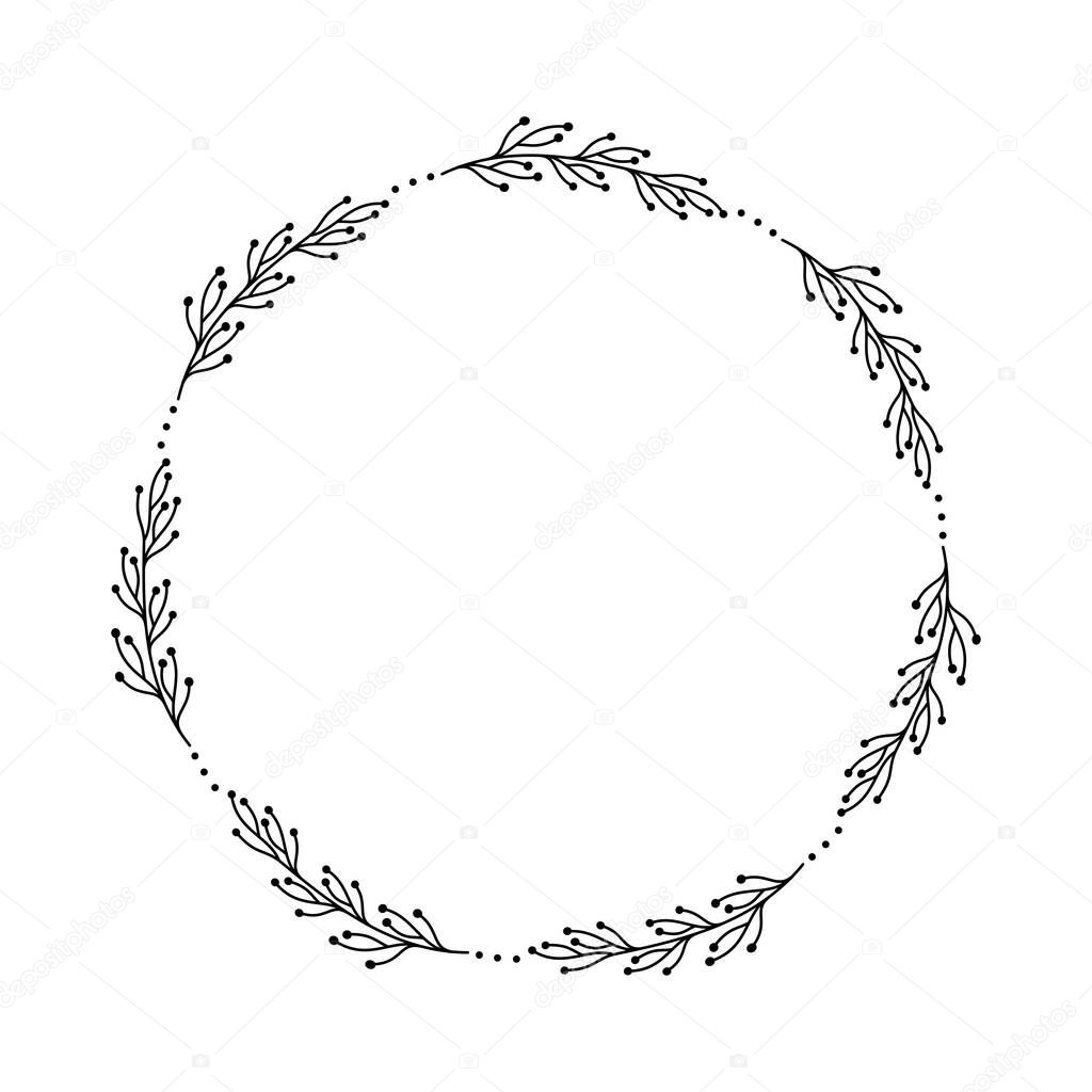 Simple Botanical Floral Wreath. Circular Family Monogram Logo Vector, Black and White Name Sign