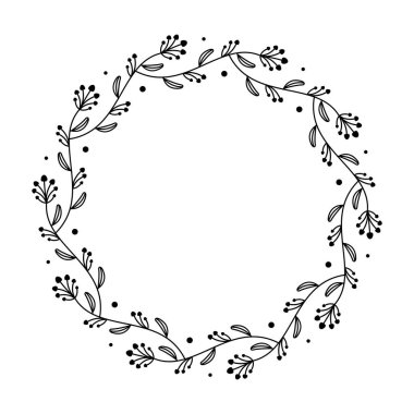 İnce Dallı Minimalist Botanik Çelenk, Siyah ve Beyaz Çiçek Çerçeve Monogramı, Hassas Tomurcuklar ve Yapraklar