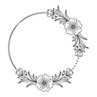 Süslü Çiçek Tasarımı Dairesel Siyah ve Beyaz Karışık Çiçekler, Tomurcuklar ve Akan Yapraklar