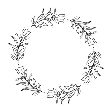 Lale desenli narin çiçek çelengi, Lale desenli minimalist siyah ve beyaz tasarım, çiçek yaprakları ve ince yapraklı dallar