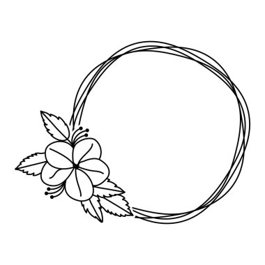 Çiçek Çelengi, Hibiscus Aksanı, Dairesel El Çizimi Çerçeve, Siyah ve Beyaz Logo Vektörü