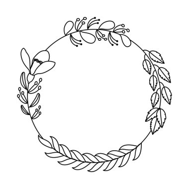 Karışık Yapraklı Organik Dairesel Çerçeve, Siyah ve Beyaz Monogram Çelenk Vektörü