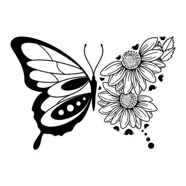 Black and White Botanical Butterfly and Flower Illustration with Blooming Sunflowers and Heart  clipart