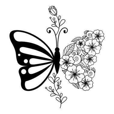 Black and White Butterfly and Floral Fusion Art Design with Flowers, Leaves, and Swirling Botanical Accents clipart