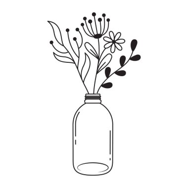 Çiçekli ve Yapraklı Cam Kavanozda Minimalist Siyah ve Beyaz Çiçek Düzenleme