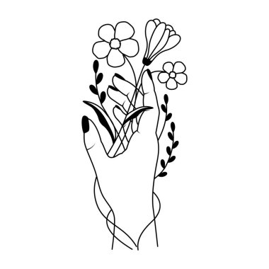 Zarif El Tutma Yaban Çiçekleri Buketi, Siyah ve Beyaz Botanik Vektörü