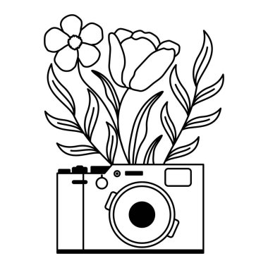 Çiçek Butik Kamera Vektörü, Lale, Daisy ve Yaprakları ile Siyah ve Beyaz Botanik Tasarımı