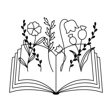 Açık Kitap Üzerine Botanik Çizgisi Sanatı, Çiçekler ve Botanik Elementleriyle Siyah ve Beyaz Çiçek Butik Çizimi