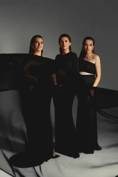 Happy pregnant women in black dresses with big bellies. Group of beautiful stylish  pregnant women wearing black dresses and posing in studio with black fabrick. Happy Motherhhood