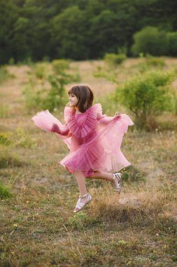 Tulle pembeli güzel bir kızın portresi yazın doğada koşuyor. Sevgi. Mutlu çocukluk kavramı. Fotoğraf Çekme