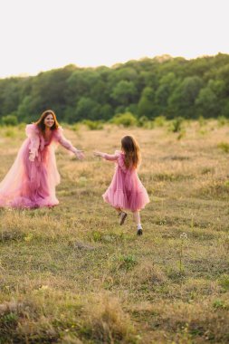 Anne ve kızı yazın doğada poz veren uzun pembe elbiseler tasarladılar. Güzel tasarlanmış güzel elbiseli mutlu kız çayırda annesine koşuyor. Sevgi. Aile kavramı. Fotoğraf Çekme
