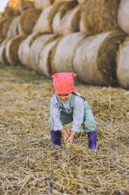 4-5 yaşındaki bir çocuğun portresi saman balyalarının arka planına kürekle saman atıyor. Kırsalda mutlu bir çocukluk. Mutlu yazlar. Kır hayatı, tarım ve kırsal yaşam tarzı.