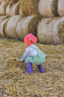 Çiftçi kızın dikey çekimi, yaz aylarında saman balyalarının üzerine kürekle saman fırlatmak. Kırsalda mutlu bir çocukluk. Mutlu yazlar. Kır hayatı, tarım ve kırsal yaşam tarzı.