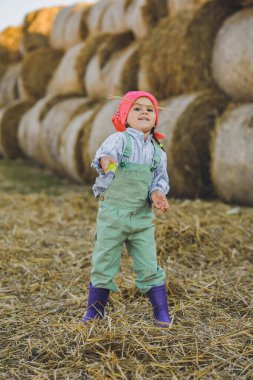 Çiftçi çocuğun dikey çekimi, yaz aylarında arka plandaki saman balyalarına kürekle saman fırlatmak. Kırsalda mutlu bir çocukluk. Mutlu yazlar. Kır hayatı, tarım ve kırsal yaşam tarzı