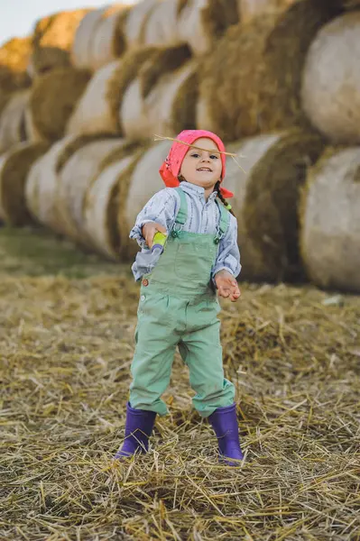 Çiftçi çocuğun dikey çekimi, yaz aylarında arka plandaki saman balyalarına kürekle saman fırlatmak. Kırsalda mutlu bir çocukluk. Mutlu yazlar. Kır hayatı, tarım ve kırsal yaşam tarzı