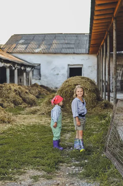 Yazın çiftlikte mutlu çocuklar. Çiftçi kız kardeşler kırsalda eğleniyor. Mutlu çocukluk kavramı