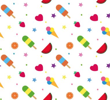 Beyaz arka planda tropikal meyve ve dondurmayla renksiz yaz deseni.