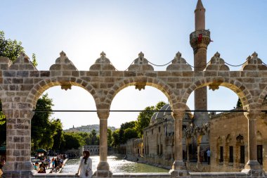 Balkligol, Sanliurfa, Türkiye - 15 Temmuz 2023: Göl ve içindeki balık, Hz. İbrahim 'in ateşe atıldığına inanılan Anlurfa şehir merkezinde yer almaktadır.