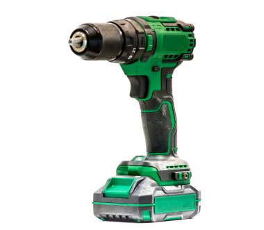 Şarj edilebilir batarya ile yeşil matkap izole edilmiş beyaz arkaplan