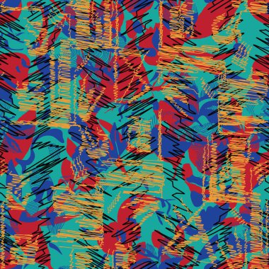 Farklı şekil ve dokulara sahip yaratıcı karalama sanatı deseni. Etnik renkli çiçek ve çizgi geometrik karalama dokusu.