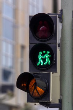 Almanya 'da eşcinsel lezbiyen bir çifti destekleyen yaya trafik lambası. Trafik ışığı iki kadını el ele tutuşurken gösteriyor. Gay dostu kavram.