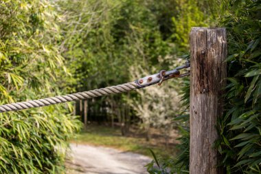İp boyunca uzanan çit için desenli, ahşap bir direğe yakın çekim. Yüksek kalite fotoğraf