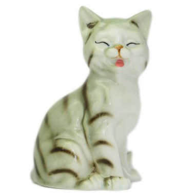 Klasik Porselen Kedi Figürleri. Pembe Fiyonklu Gülümseyen Kedi ve Kedi. Yüksek kalite fotoğraf