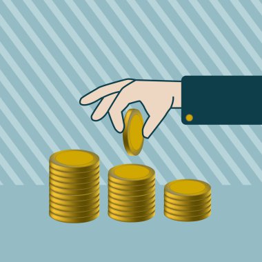 Çizgi roman el ve bozuk paralar. Finans, para, maaş, tasarruf, hediye, rüşvet kavramı. Vektör illüstrasyonu