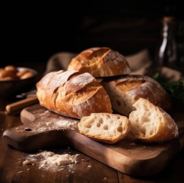 Ciabatta 'nın iştah açıcı kesimi masanın üzerindeki kesme tahtasında..