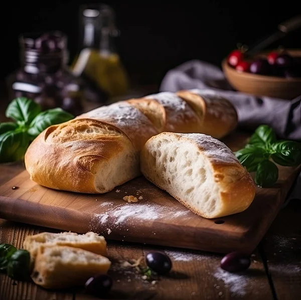 stock image Appetizing cutting of ciabatta on a cutting board on the table.