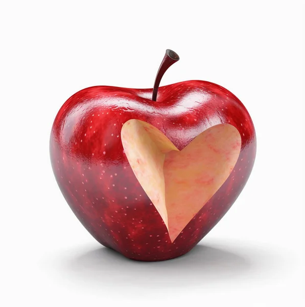 Kesik kalp şeklinde kabuğu olan kırmızı elma beyaz arka planda izole edilmiş.