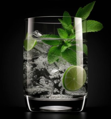 Siyah arka planda bir bardak mojito kokteyli.
