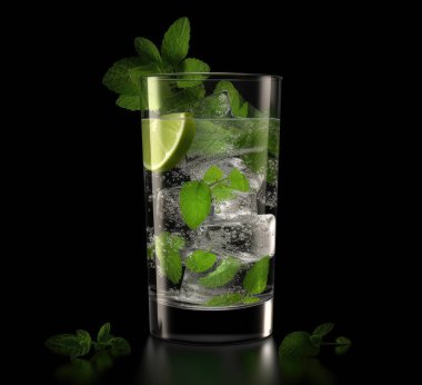 Siyah arka planda bir bardak mojito kokteyli.