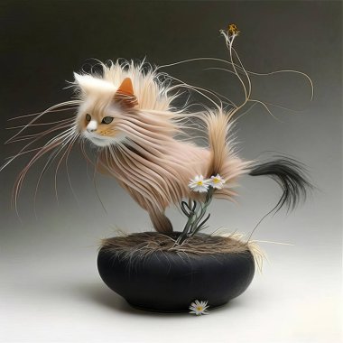 Kedi şeklinde ikebana tarzında bir buket. Japon çiçek düzenleme sanatı Ikebana 'nın bir örneği..