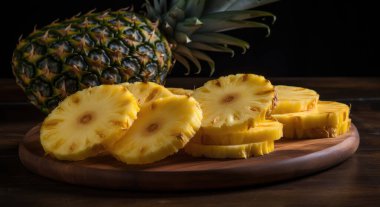 Kesme tahtasında sulu ananas halkaları..