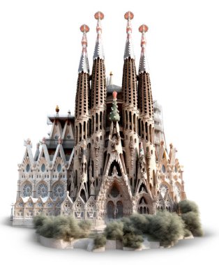 Sagrada Familia Katedrali, Barselona, İspanya. Beyaz arka planda izole edilmiş. Yapay zeka tarafından oluşturuldu..