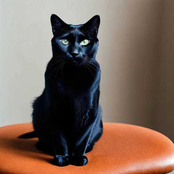 A black cat with green eyes sits on a chair
