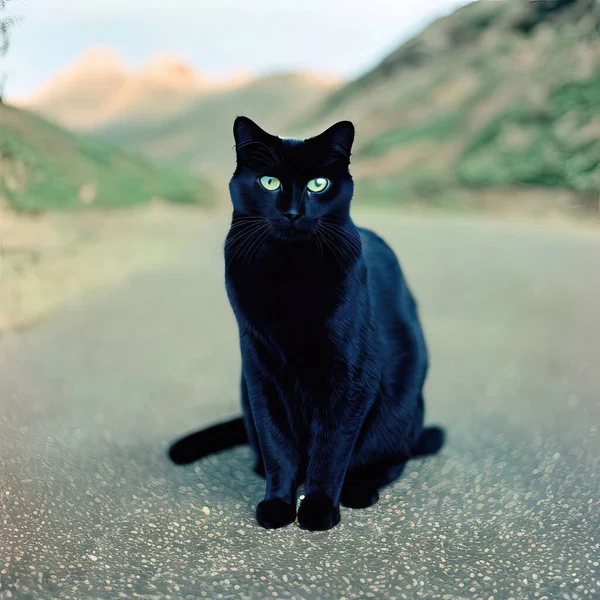 A black cat with green eyes sits on the road