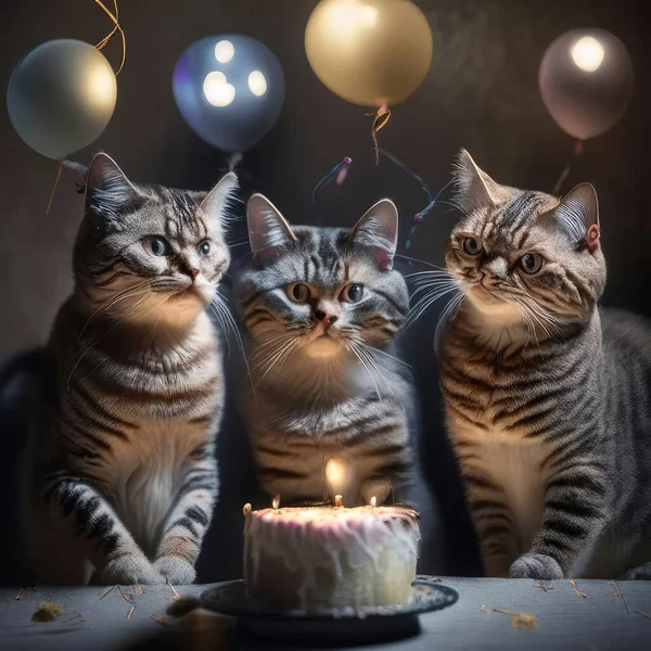 Three cats at a party sitting near a cake