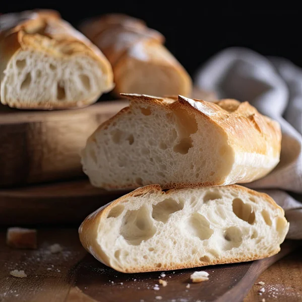 stock image Ciabatta bread cut into slices on a wooden cutting board