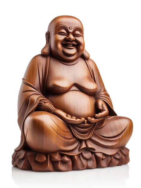 stock image Happy wooden Buddha isolated on a white background