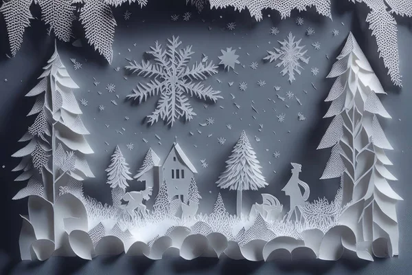 Zimowy Świąteczny Krajobraz Wycięty Papieru Kartkę Okolicznościową — Zdjęcie stockowe