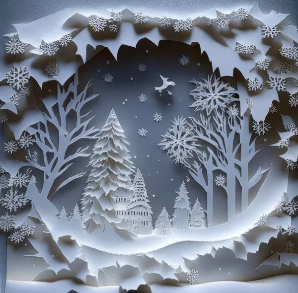 Зимний Рождественский Пейзаж Вырезан Бумаги Поздравительных Открыток — стоковое фото
