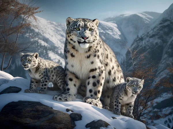 Leopardo Das Neves Irbis Panthera Uncia Com Bebés Grande Gato — Fotografia de Stock