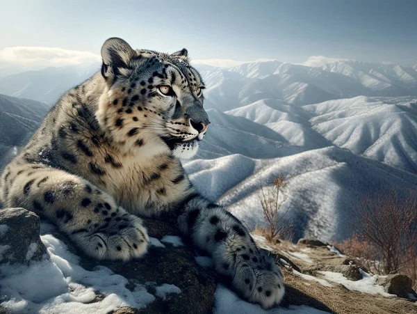 Leopardo Neve Irbis Panthera Uncia Grande Gato Que Habita Cadeias — Fotografia de Stock