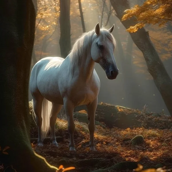Ein Wildes Weißes Pferd Herbstlichen Wald — Stockfoto