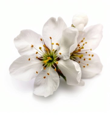 Beyaz arka planda izole edilmiş doğal beyaz kiraz çiçekleri.